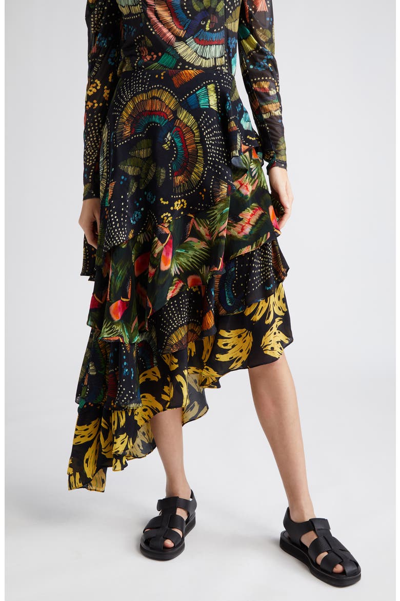 Mix Print Tiered Midi Skirt, Main, color, BLACK MULTI
