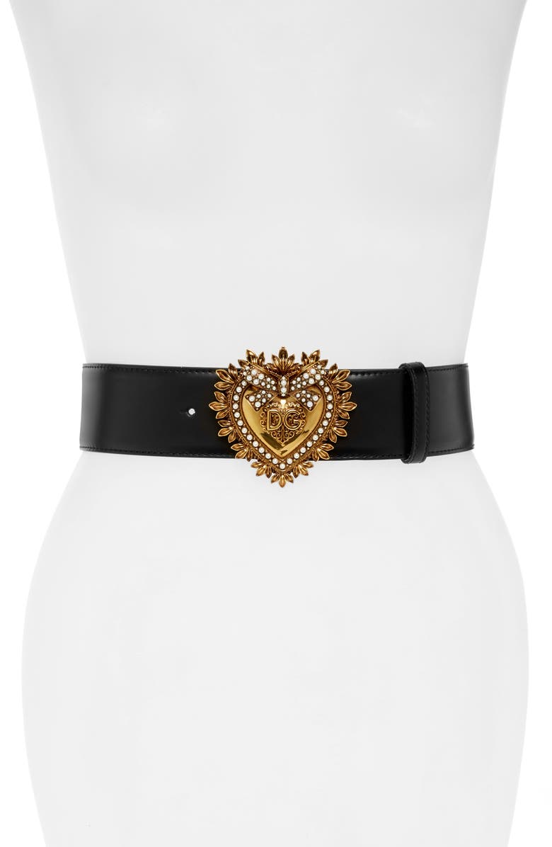 Dolce&Gabbana Devotion Logo Heart Buckle Leather Belt, Main, color, 