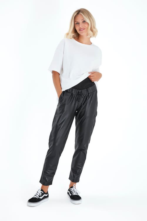 Accouchée Comfy Cool Foldover Waistband Faux Leather Jogger Pants In Black