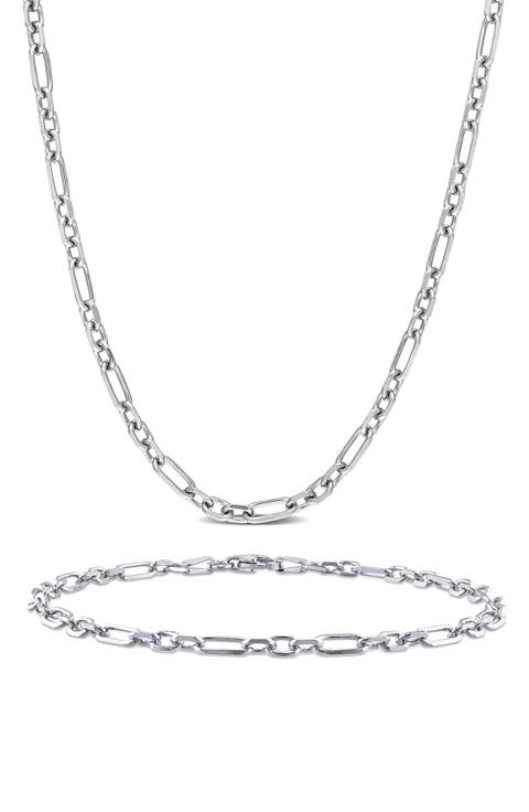 Diamond Cut Figaro Rolo Chain Necklace & Bracelet Set