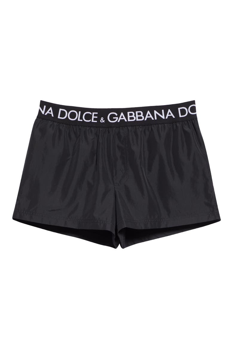 Logo Waistband Swim Trunks, Alternate, color, BLACK