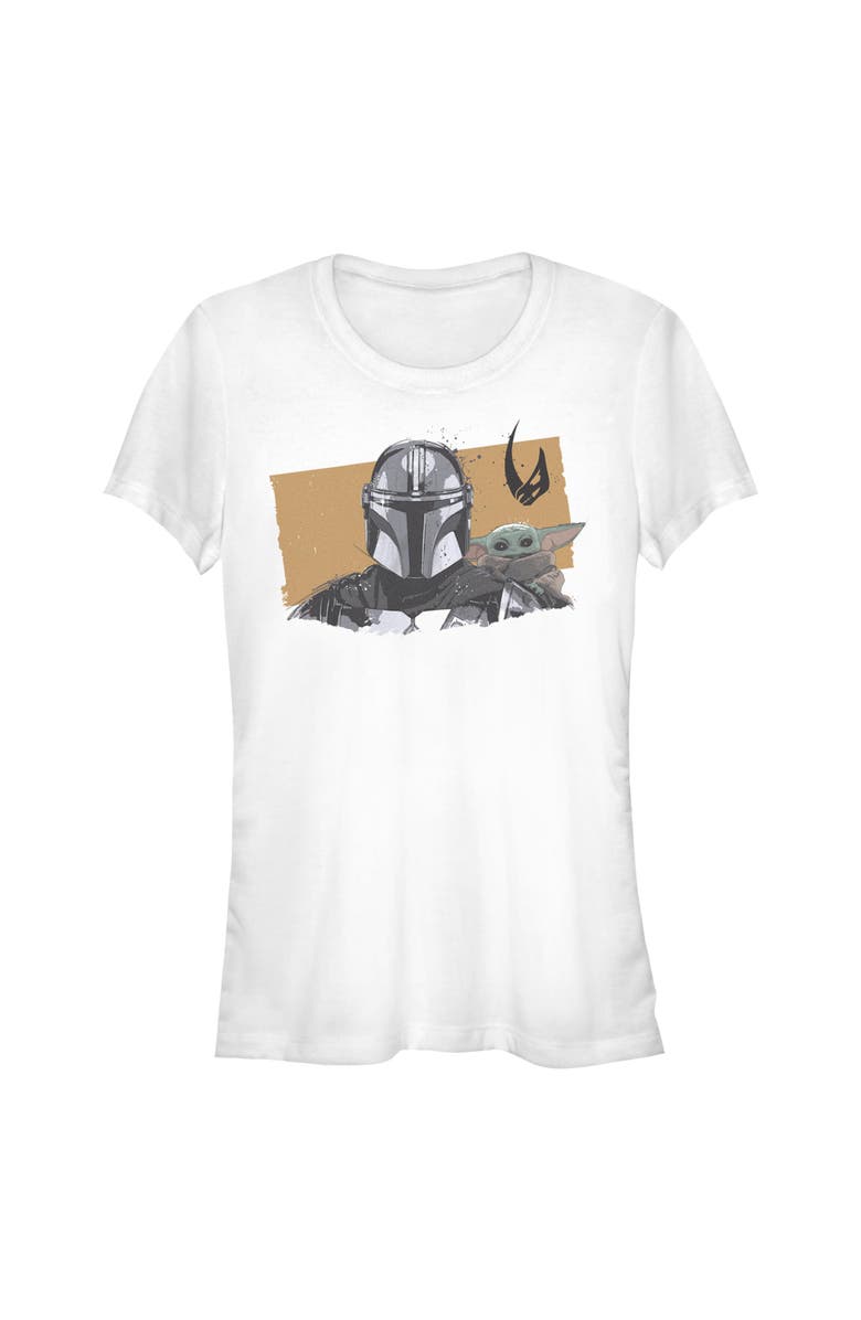 Star Wars: The Mandalorian and Grogu Junior's Star Wars The Mandalorian and Grogu Bounty Hunter and The Child Portrait  Graphic T-Shirt, Main, color, White