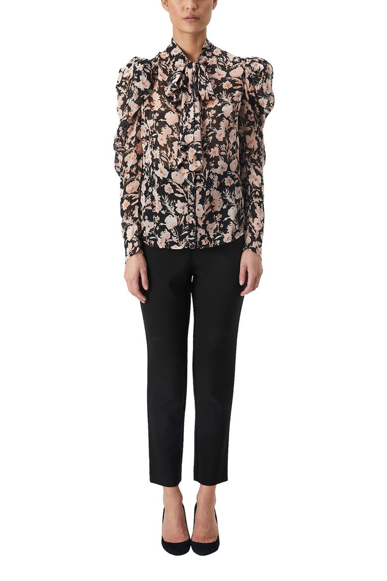 Amielie Floral Puff Sleeve Tie Neck Blouse, Alternate, color, APRICOT FLORAL