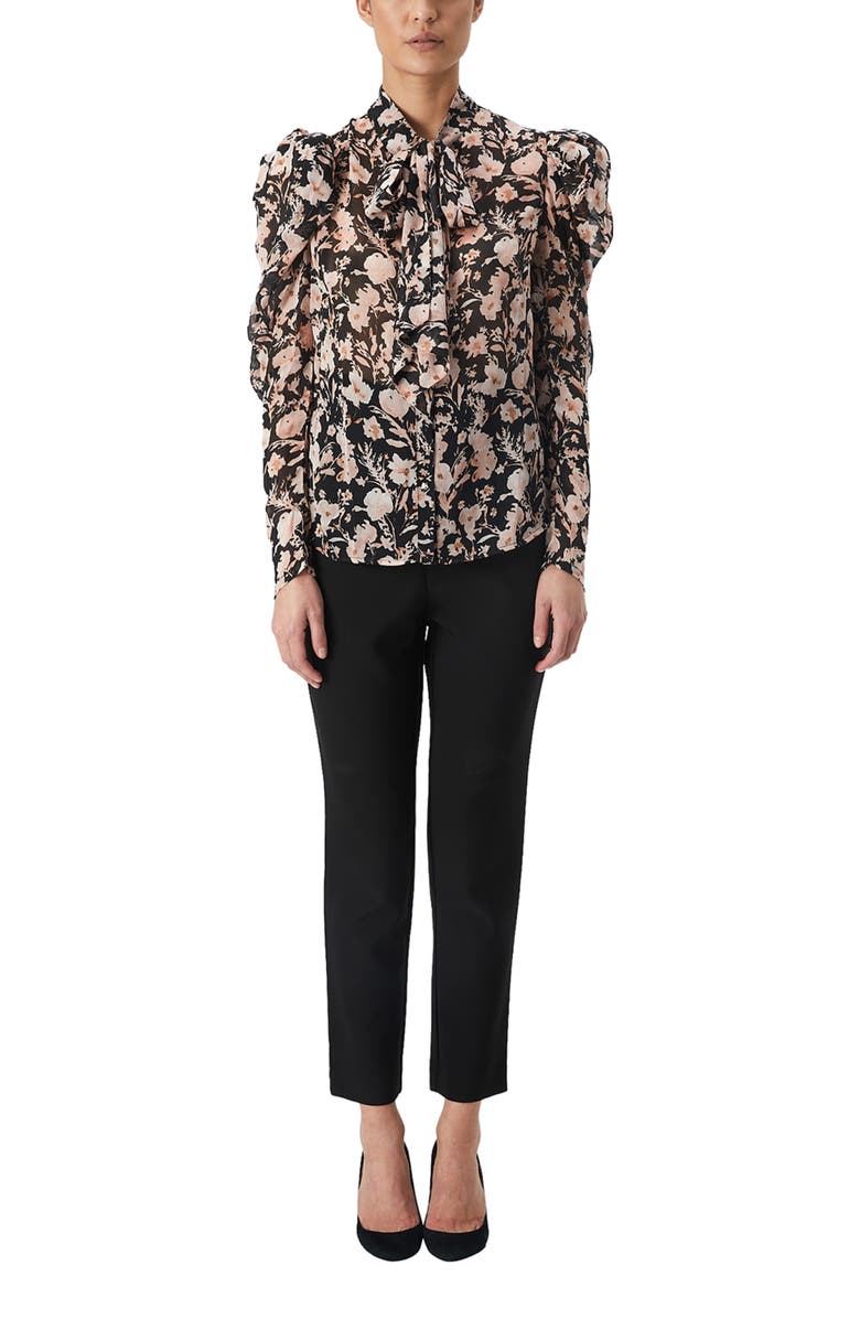 Bardot Amielie Floral Puff Sleeve Tie Neck Blouse, Alternate, color,