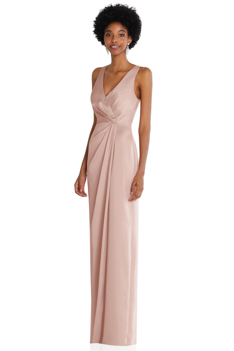 Sleeveless Satin Faux Wrap Gown, Alternate, color, TOASTED SUGAR