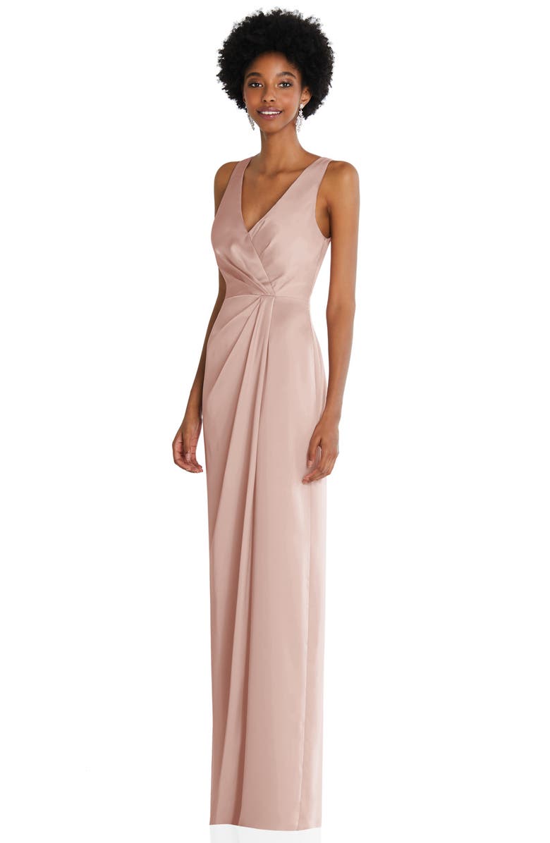 After Six Sleeveless Satin Faux Wrap Gown, Alternate, color, 