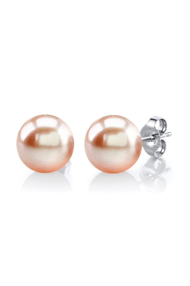 8mm Peach Freshwater Round Pearl Stud Earrings, Main, color, White Gold