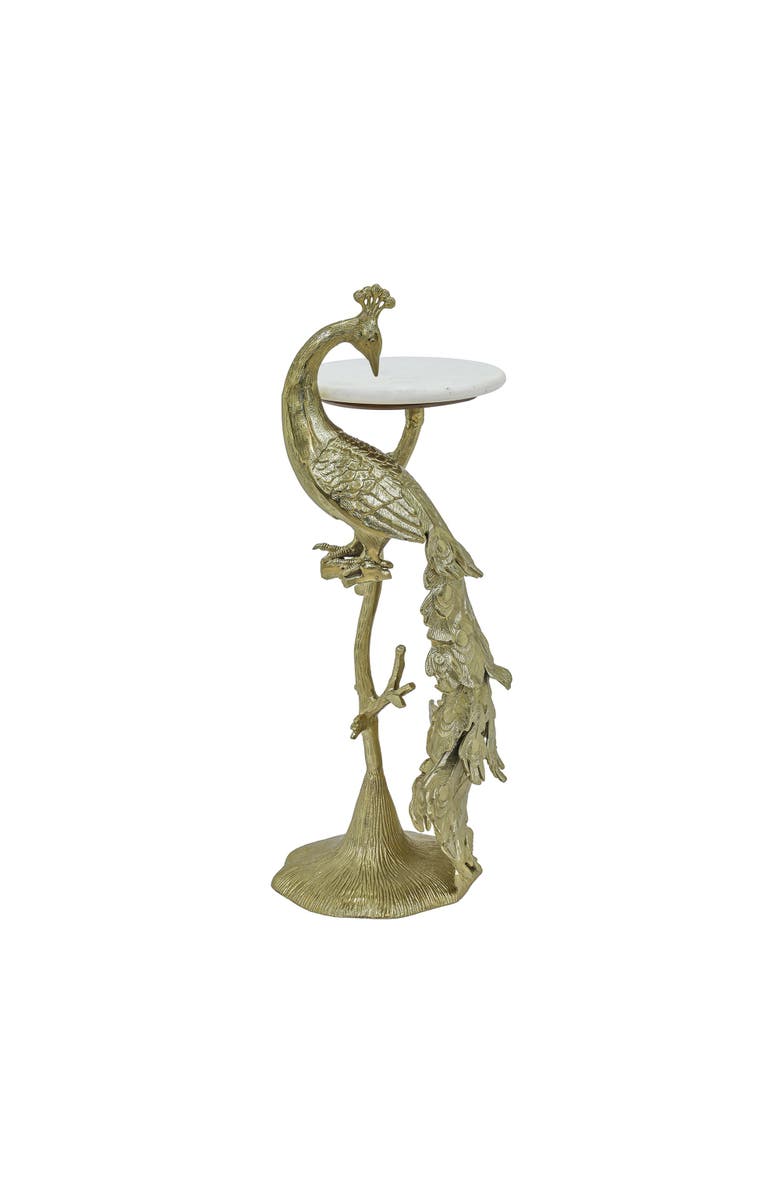 Expo Bazaar Side Table with Marble Top Peacock Sculpture Table, Alternate, color, Gold - 13X13.5x29.5"