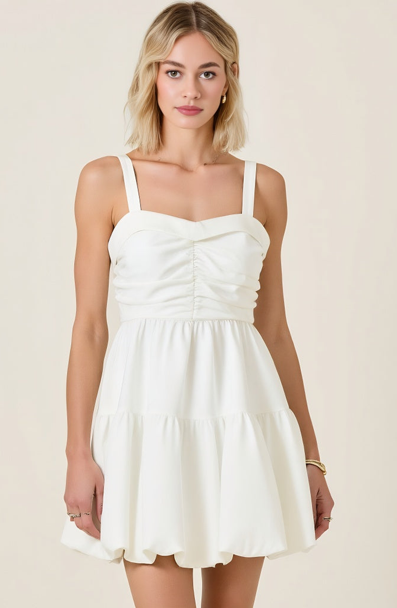 Modenaire Ruched Sweetheart Neck Mini Dress with Straps and Flared Hem, Main, color, White