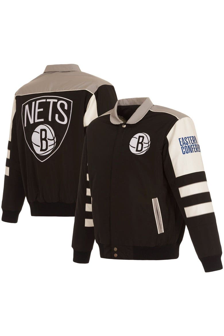 Men's JH Design Black Brooklyn Nets Stripe Colorblock Nylon Reversible Full-Snap Jacket, Main, color, Black
