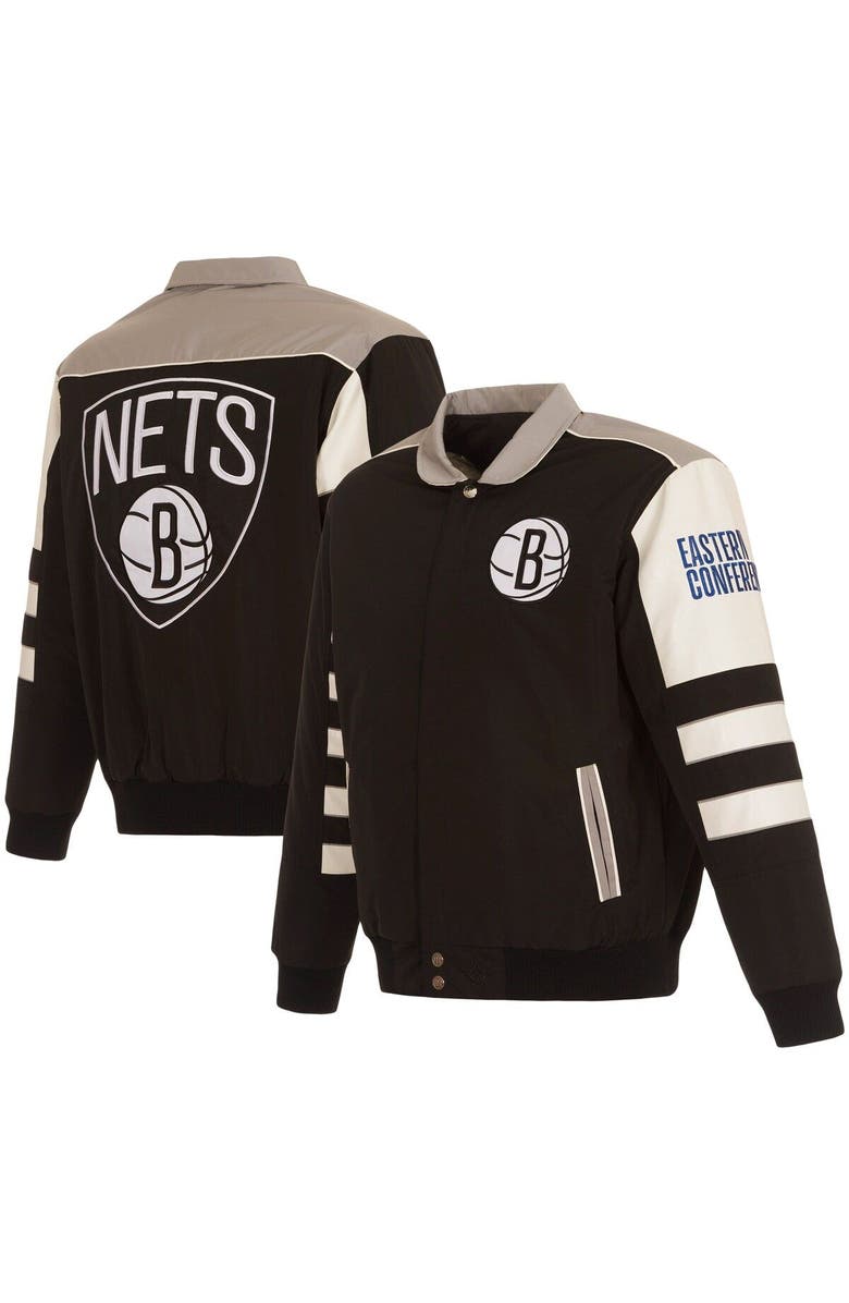 JH DESIGN Men's JH Design Black Brooklyn Nets Stripe Colorblock Nylon Reversible Full-Snap Jacket, Main, color, Black