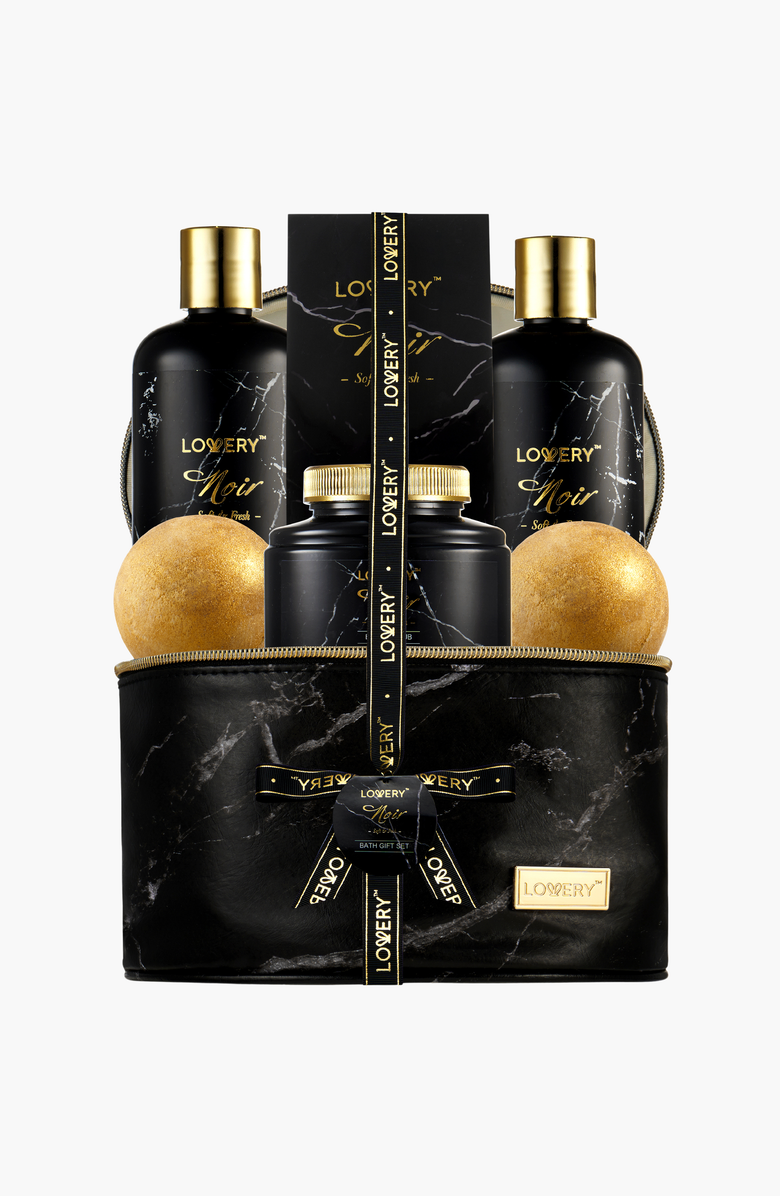 Lovery Deluxe Noir Bath And Body Kit With 24K Gold Bath Bombs, Main, color, Black / Gold