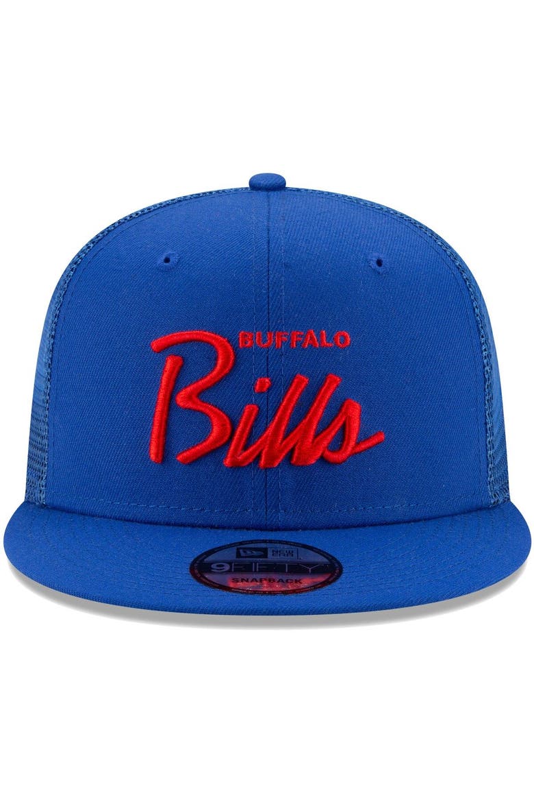Men's New Era Royal Buffalo Bills Script Trucker 9FIFTY Snapback Hat, Alternate, color, Royal