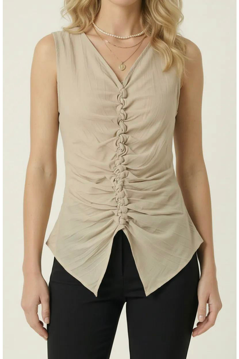 Ruched V Neck Top with Sleeveless Cut and Pointed Hem, Main, color, Beige