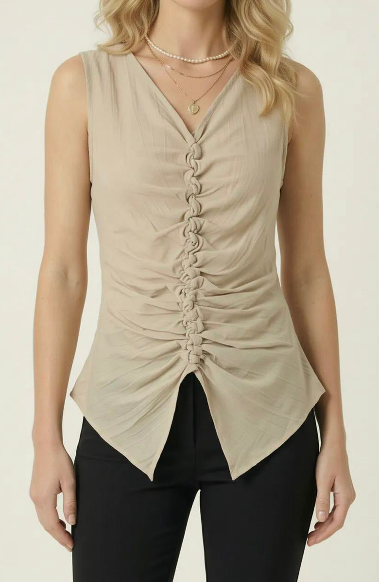 Modenaire Ruched V Neck Top with Sleeveless Cut and Pointed Hem, Main, color, Beige