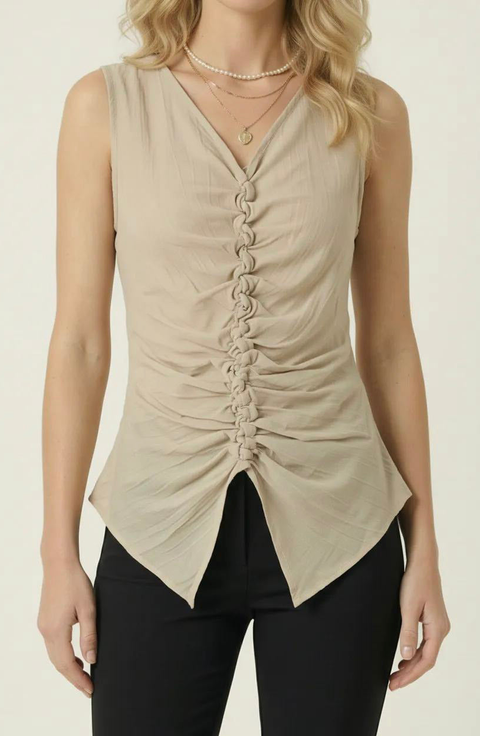 Ruched V Neck Top with Sleeveless Cut and Pointed Hem