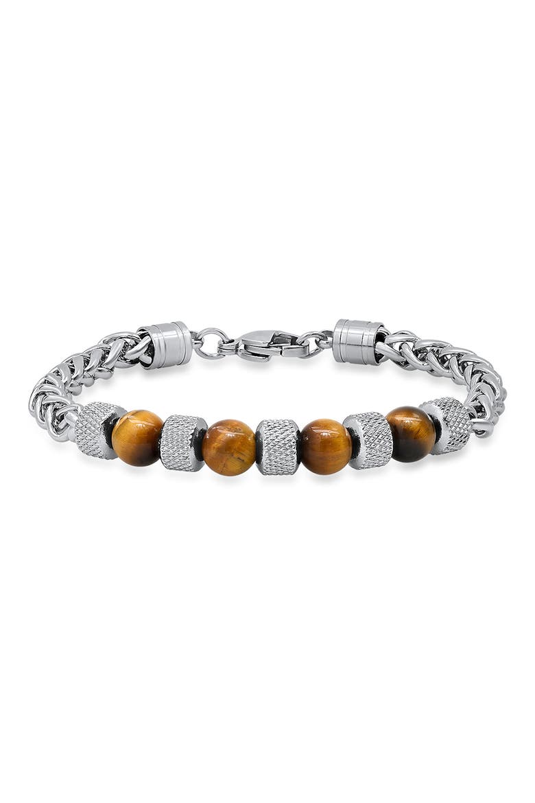 Stainless Steel Agate Bead Wheat Chain Bracelet, Main, color, METALLIC / BROWN