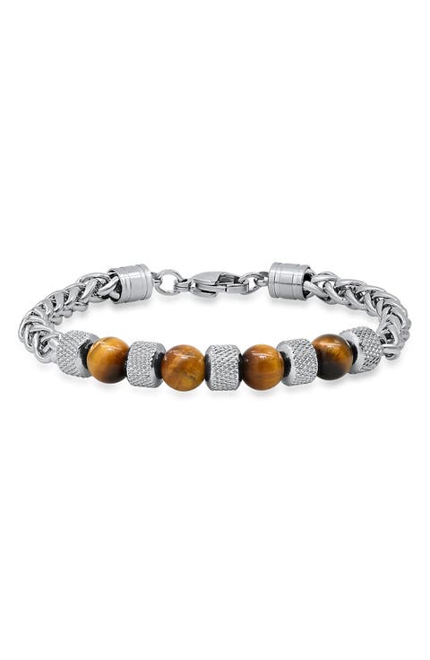 Stainless Steel Agate Bead Wheat Chain Bracelet