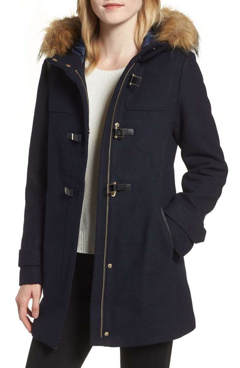 Cole Haan Hooded Duffle Coat with Faux Fur Trim, Main, color, 