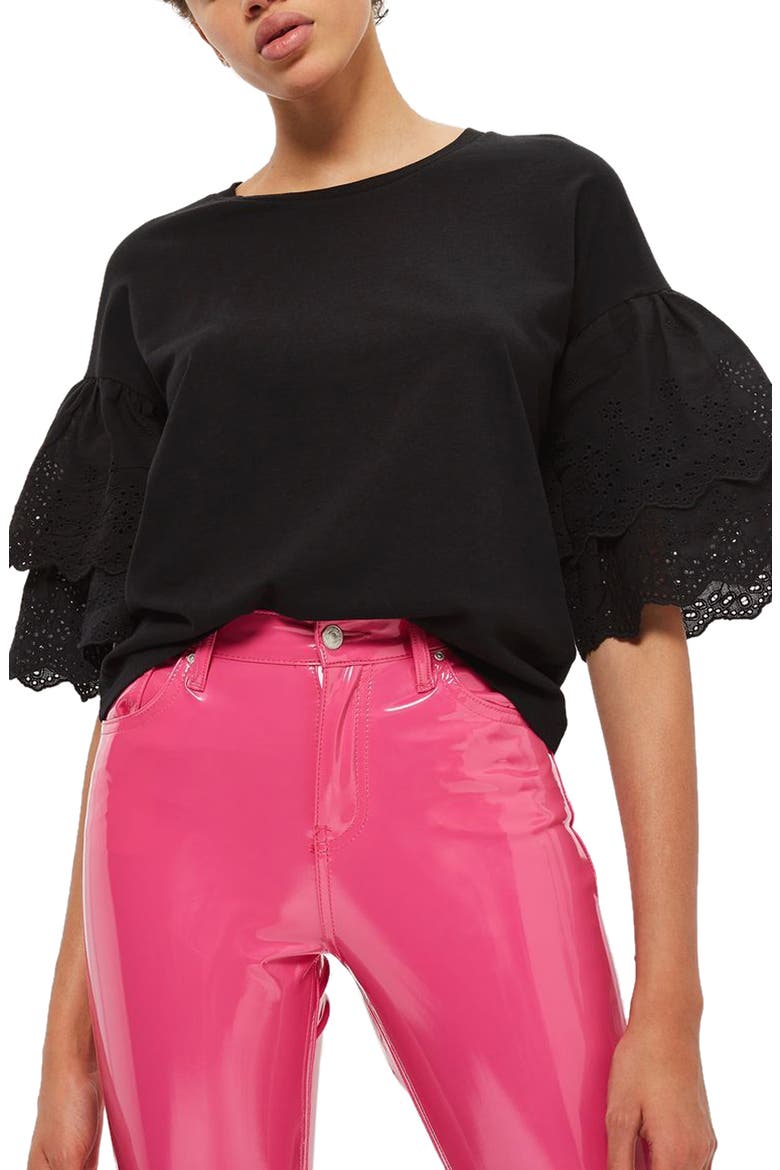 Eyelet Layer Sleeve Tee T-Shirt, Main, color, BLACK