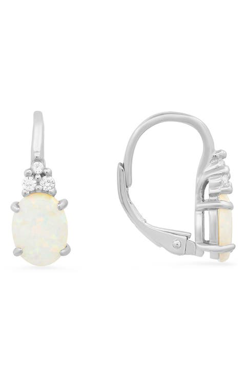 Sterling Silver Opal & CZ Leverback Earrings