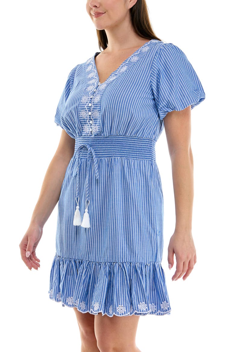 Embroidered Eyelet Puff Sleeve Cotton Dress, Alternate, color, BLUE/WHITE STRIPE