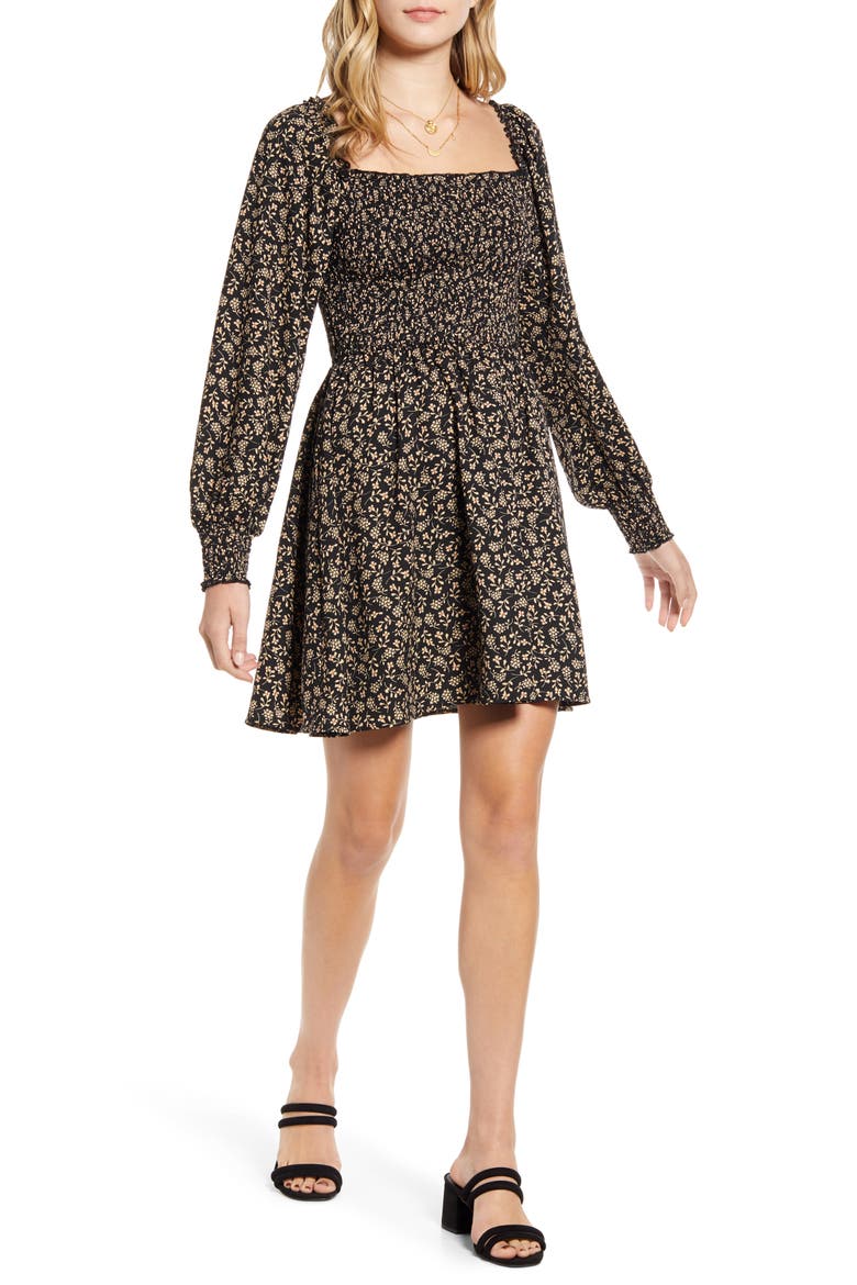 Smocked Bodice Long Sleeve Minidress, Main, color, BLACK FLORAL
