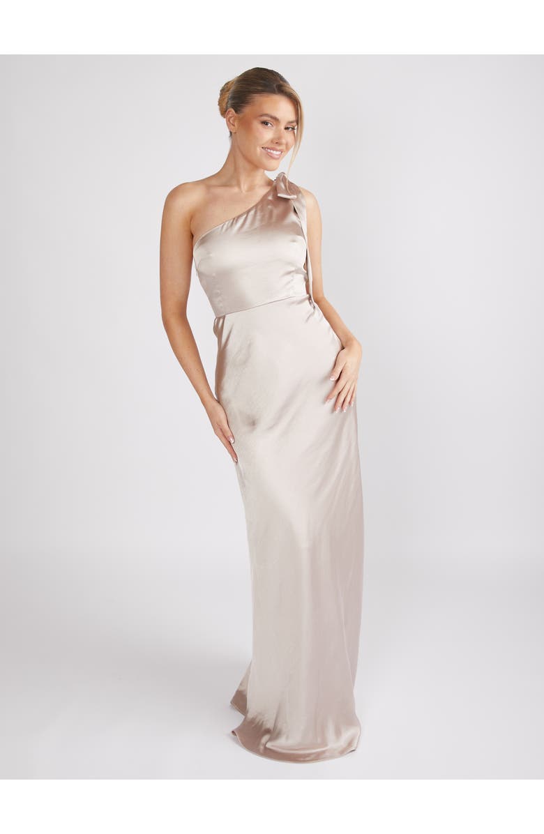 Six Stories Bow One Shoulder Satin Bridesmaid Dress, Main, color, Oyster