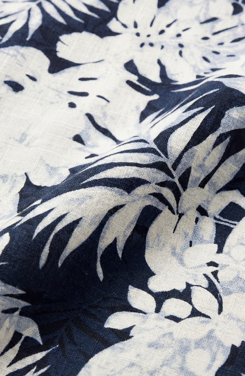 Report Collection Tropical Print Short Sleeve Linen & Cotton Button-Up Shirt, Alternate, color, Navy