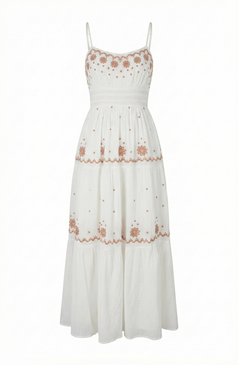 Modenaire Embroidered Tiered Maxi Dress, Alternate, color, White / Brown Embroidery