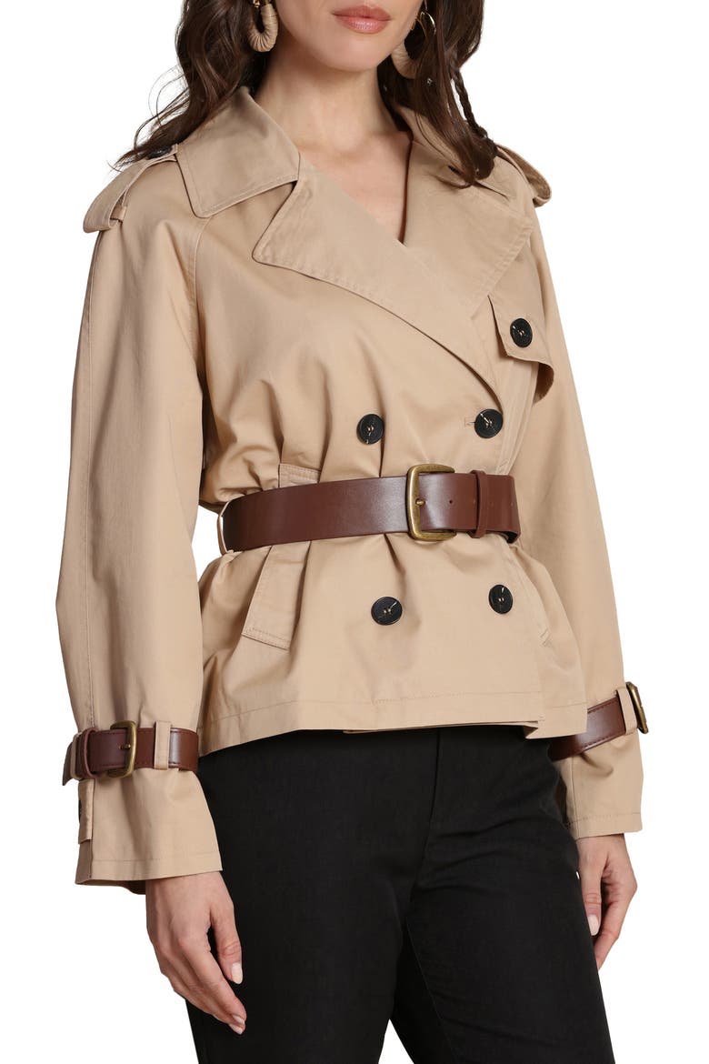 Short Trench Jacket with Faux Leather Belt, Alternate, color, CAMEL