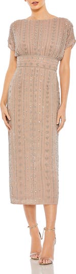 knee length dresses for ladies Mac Duggal Beaded Cap Sleeve Empire Waist Sheath Midi Dress main image 0