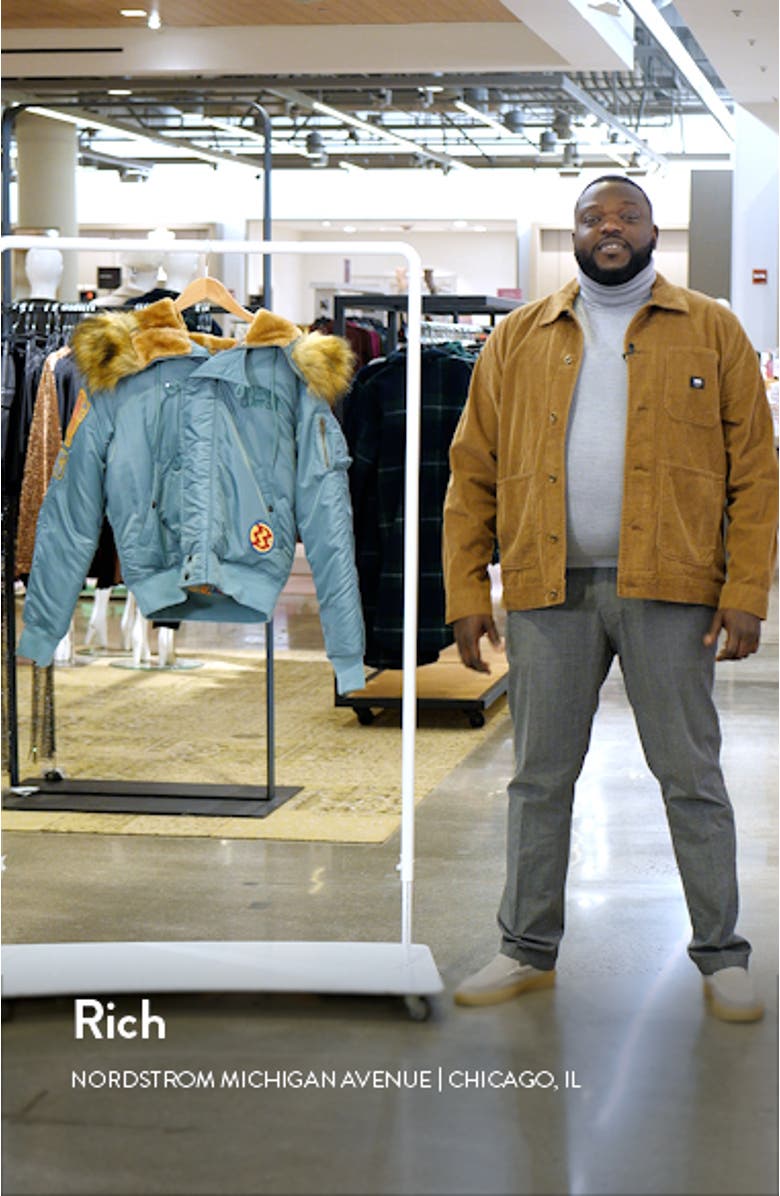 Eucalyptus Faux Fur Trim Graphic Hooded Bomber Jacket, sales video thumbnail