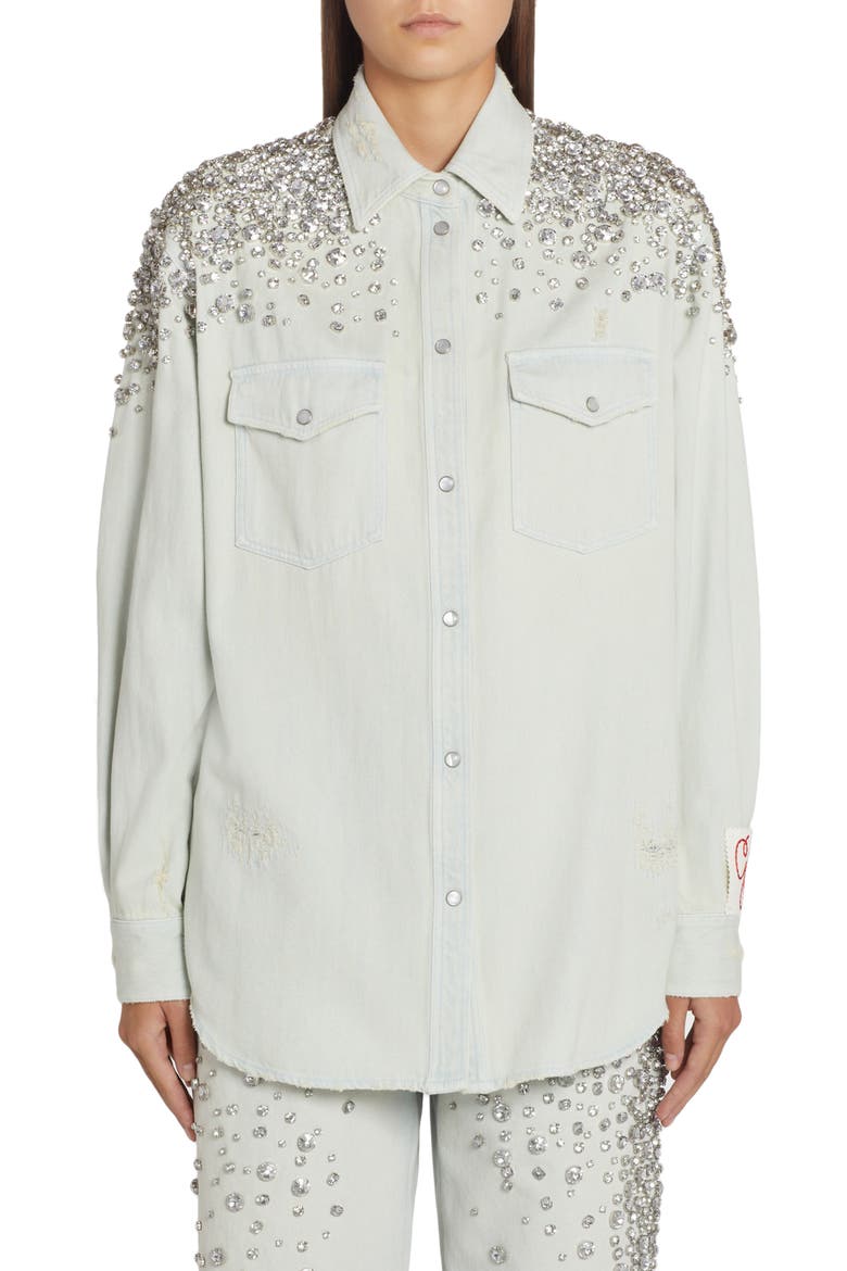 Crystal Embellished Boyfriend Denim Shirt, Main, color, BLUE