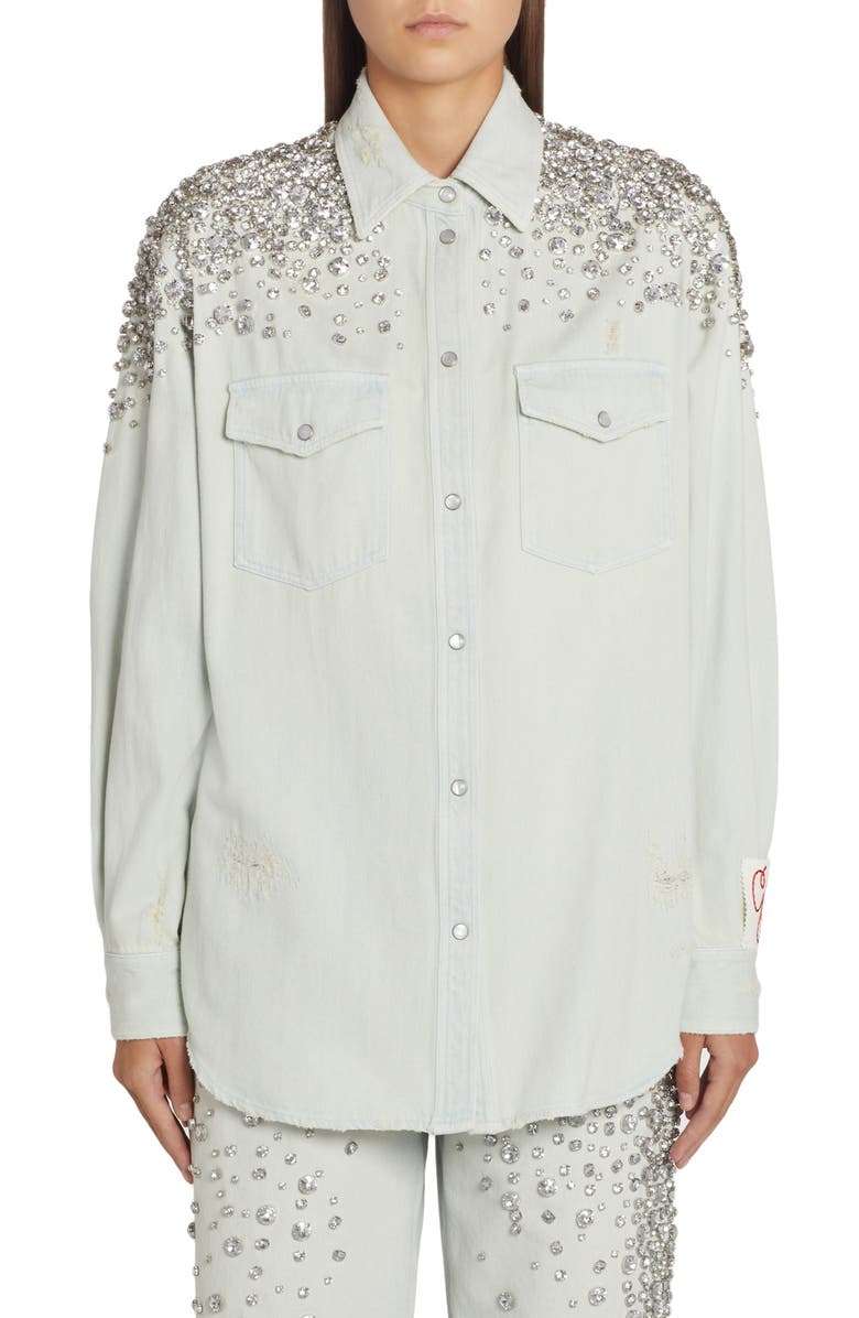 Golden Goose Crystal Embellished Boyfriend Denim Shirt, Main, color, 