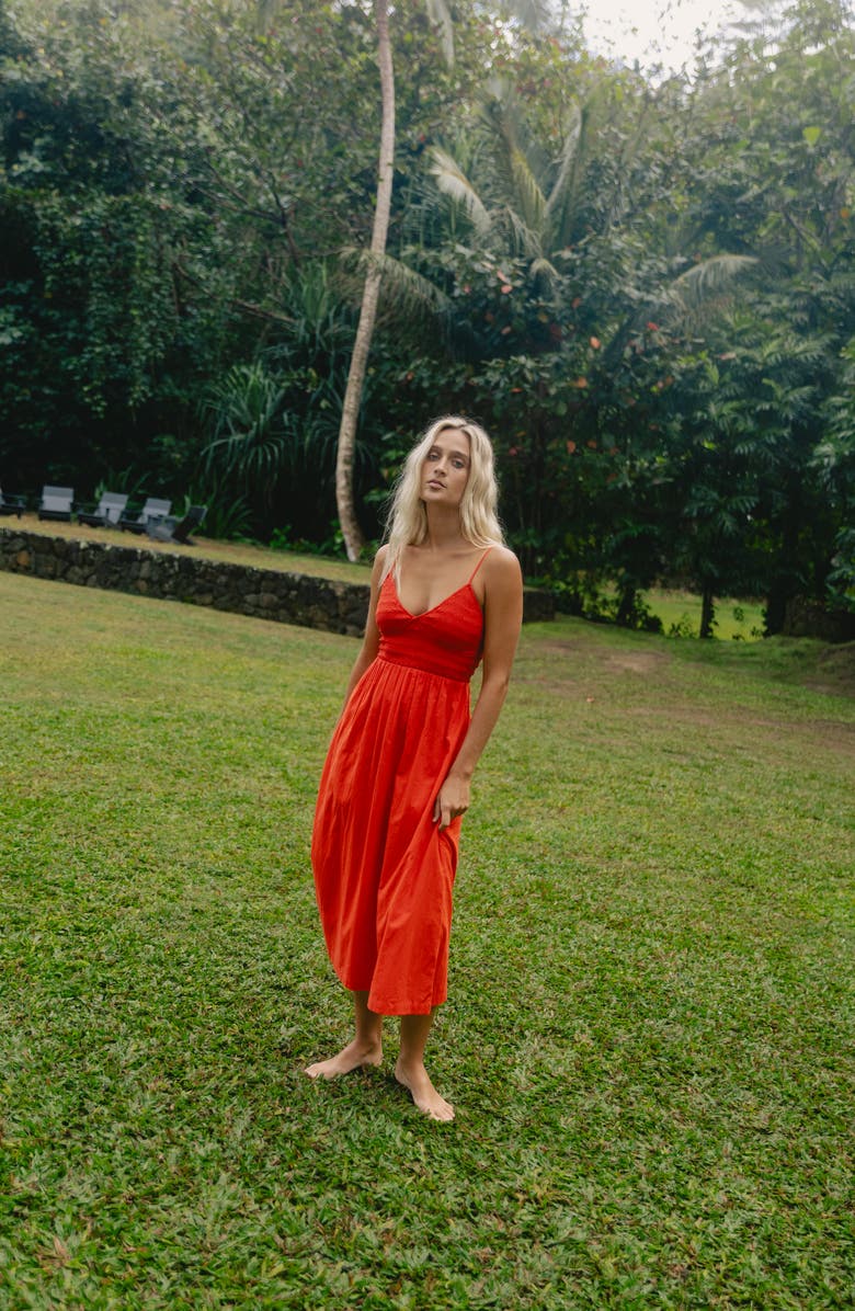 Billabong Such a Trip Smocked Bodice Cotton Midi Dress, Alternate, color, Red Aloha