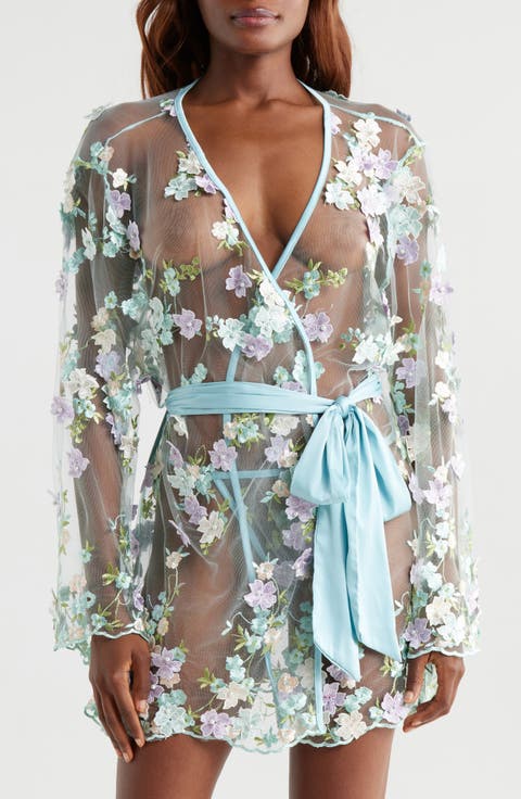 Floral Embroidered Sheer Mesh Robe (Regular & Plus)