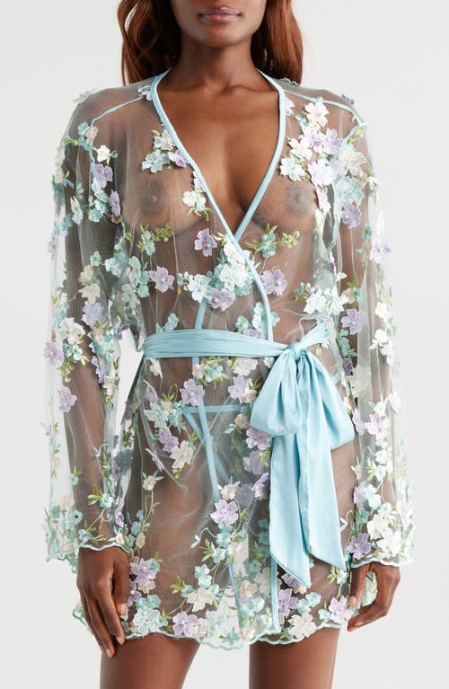 Kilo Brava Floral Embroidered Sheer Mesh Robe In Powder Blue Multi