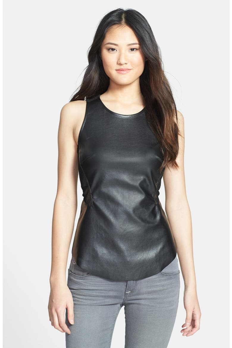 Mesh Inset Faux Leather Tank, Alternate, color, BLACK