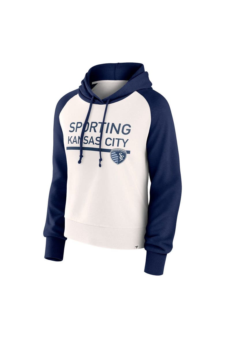 Women's Fanatics Branded White Sporting Kansas City Free Kick Fleece Raglan Pullover Hoodie, Alternate, color, Navy