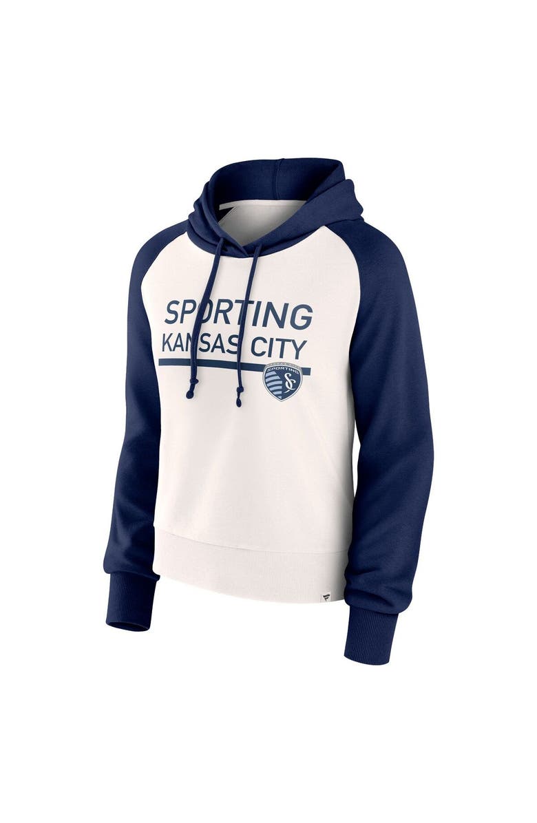 FANATICS Women's Fanatics Branded White Sporting Kansas City Free Kick Fleece Raglan Pullover Hoodie, Alternate, color, Navy