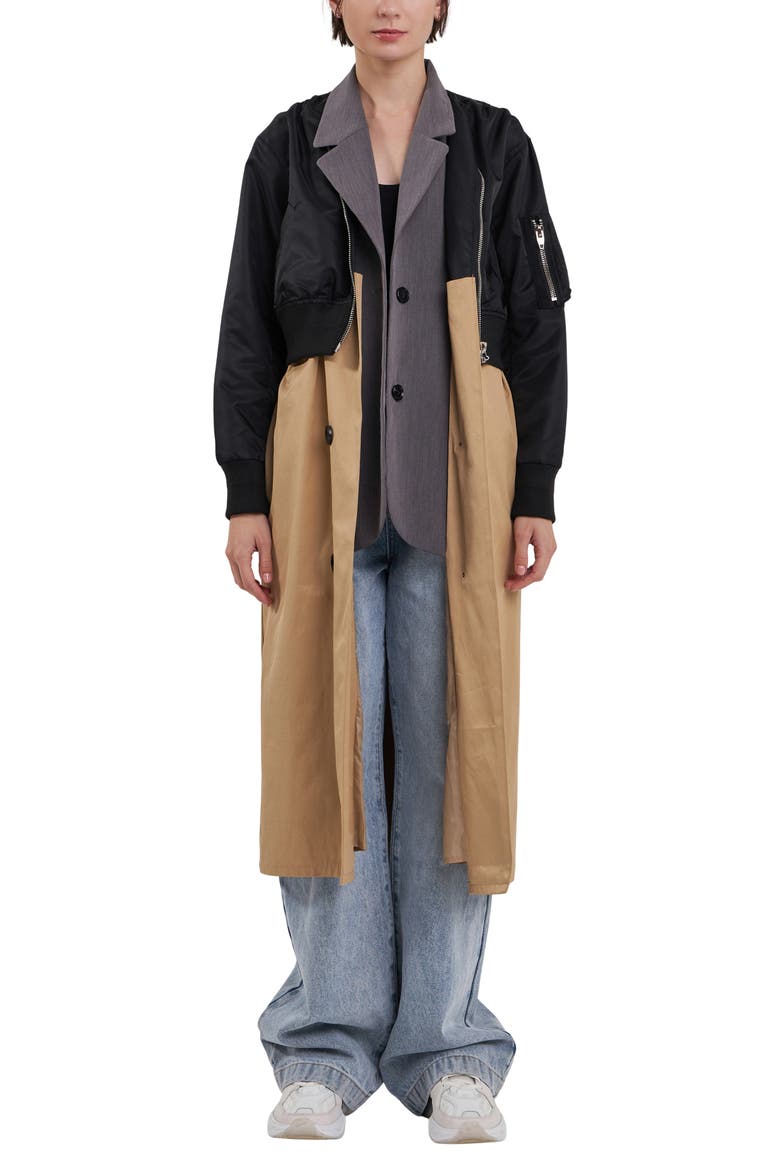Trio Mixed Media Trench Coat, Main, color, BEIGE/ BLACK