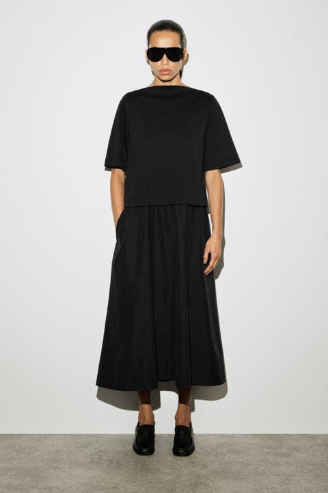 Contrast-Panel Boat-Neck Midi Dress