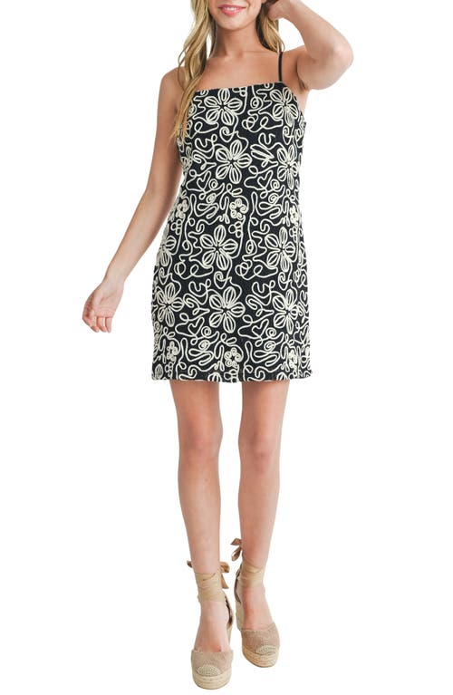 All in Favor Floral Embroidery Cotton Blend Sheath Minidress in Black Ecru 