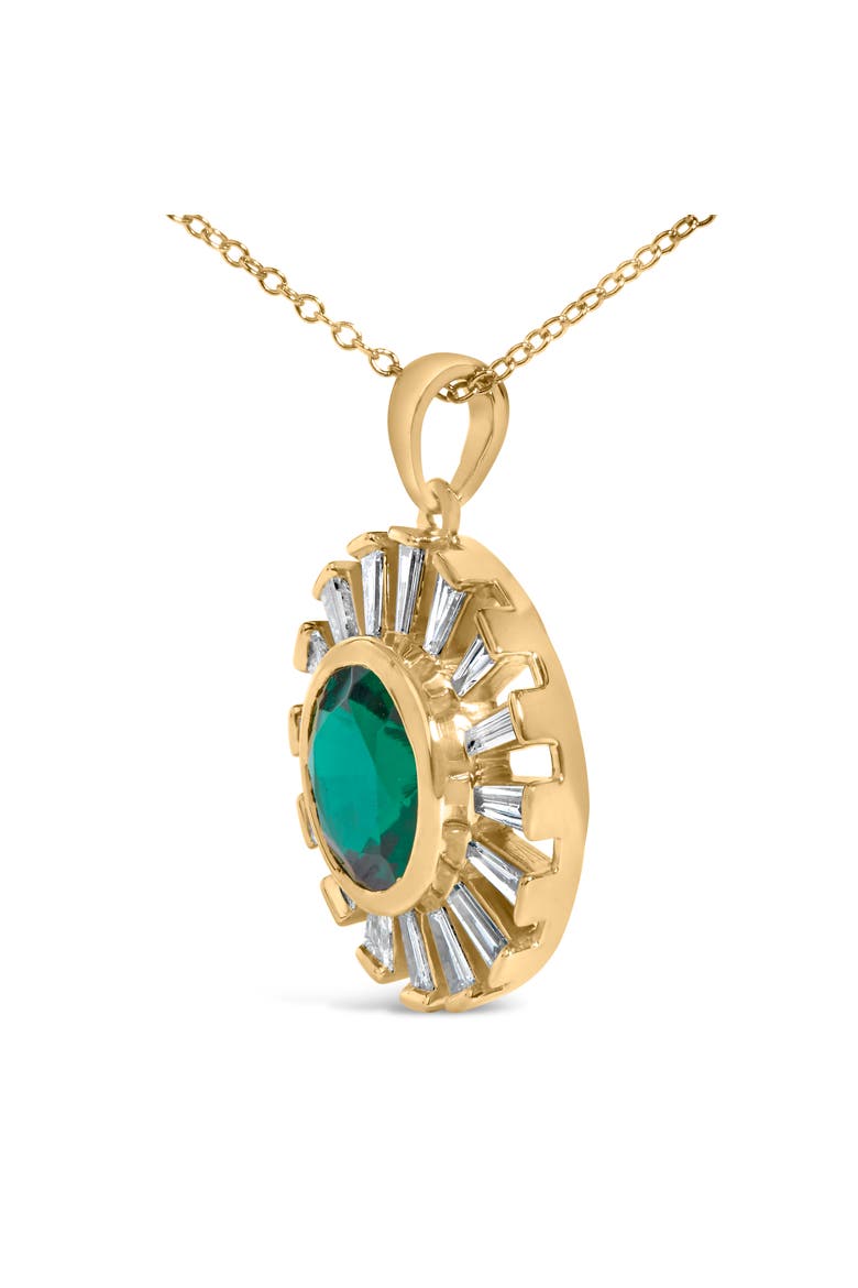 14K Yellow Gold Plated Sterling Silver Lab Grown Emerald and Baguette Diamond Sunburst Medallion Pendant Necklace, Alternate, color, Yellow Gold over Silver