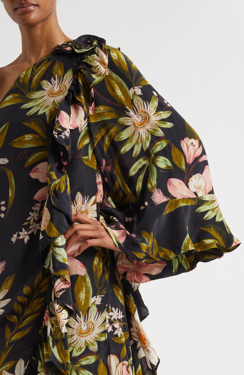 FARM Rio Surreal Flowers One-Shoulder Crêpe de Chine Midi Dress, Alternate, color, Surreal Flowers Blac
