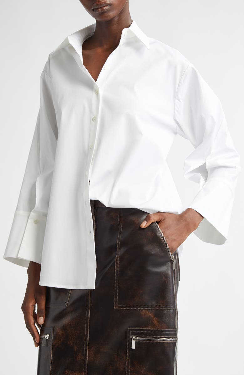 Michael Kors Collection Spiral Sleeve Cotton Stretch Poplin Button-Up Shirt, Alternate, color, Optic White