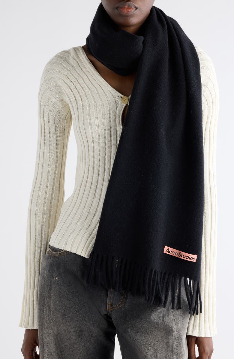 Acne Studios Fringe Wool Scarf, Alternate, color, Black