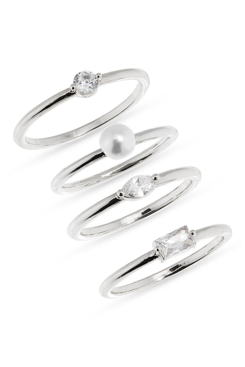 Four-Piece CZ & Faux Pearl Ring Set, Main, color, CLEAR- WHITE- SILVER