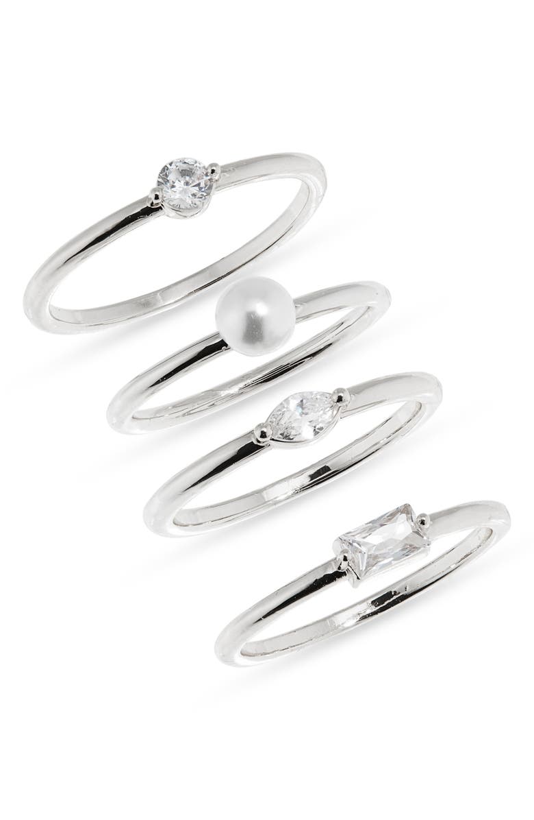 NORDSTROM RACK Four-Piece CZ & Faux Pearl Ring Set, Main, color, Clear- White- Silver